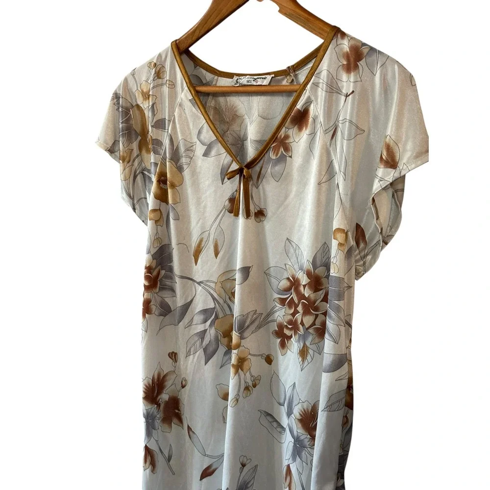 B.B. Fashion Lingerie Vintage Floral Nightgown Small White Brown Satin Sleepwear